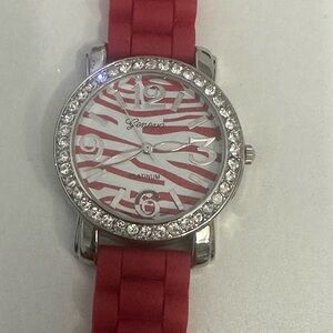 Geneva Women's Red and Silver Watch with Crystal Bezel